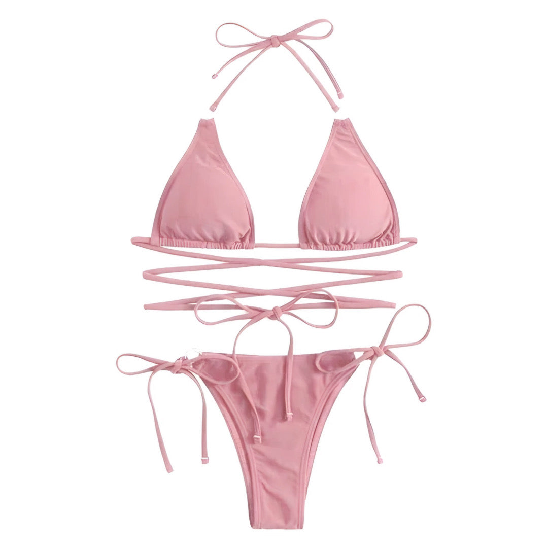 Solid Criss-cross Tie-side Rings Bikini Set-Luxandluxy