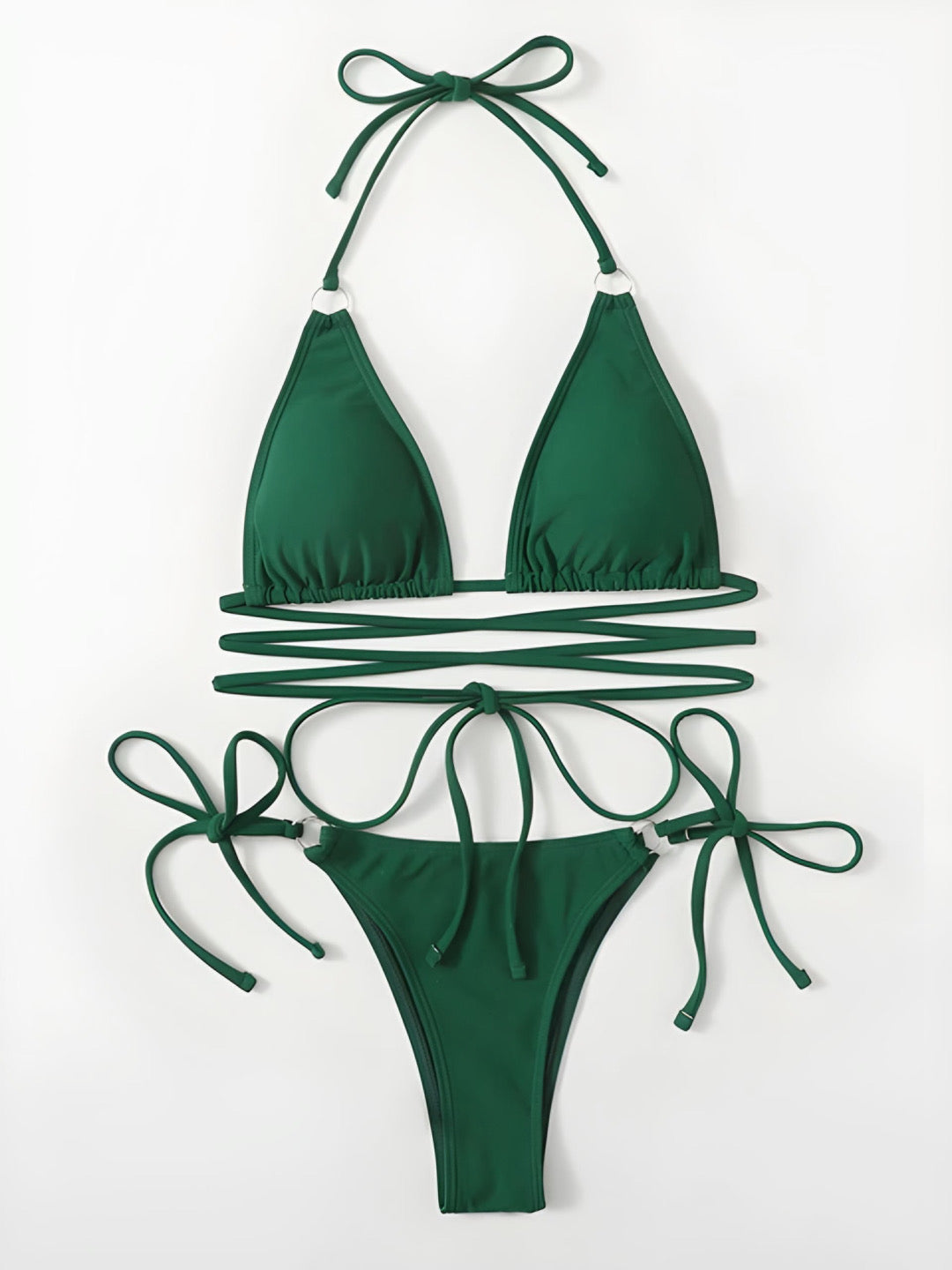 Solid Criss-cross Tie-side Rings Bikini Set-Luxandluxy