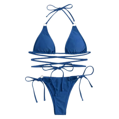 Solid Criss-cross Tie-side Rings Bikini Set-Luxandluxy