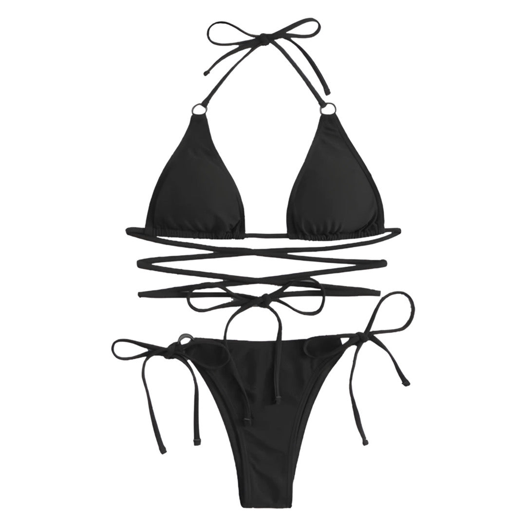 Solid Criss-cross Tie-side Rings Bikini Set-Luxandluxy